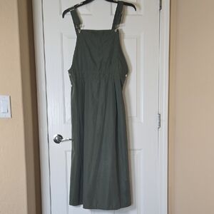 XL OLIVE Maxi OVERALL DRESS RUSTIC COTTAGECORE UTILITARIAN BOHO MINIMALIST LINEN